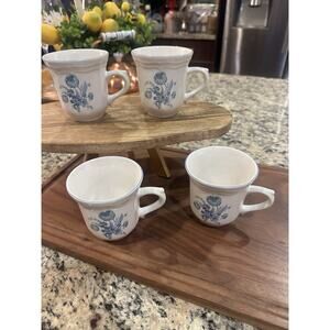 Jardin Bleu Cups 8 Oz. Brick Oven Genuine Stoneware White Blue, Set of 4